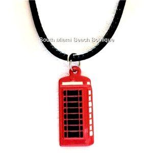 London England UK Phone Booth Box Necklace Red Charm Black Cord Enamel Britain